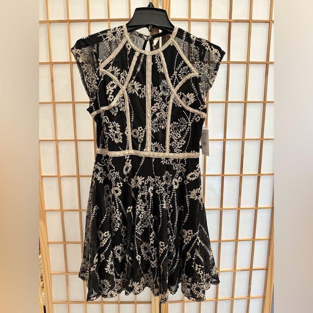 NWT Free People Black Mini Dress Lace Gold Embroidery Size 6
